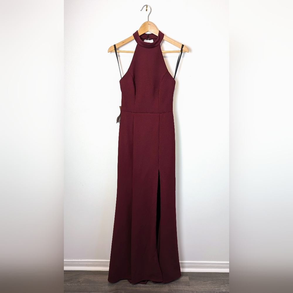 BHLDN (Anthropologie) Lennox Halter Side-Slit Stretch Crepe Gown - Burgundy/Wine